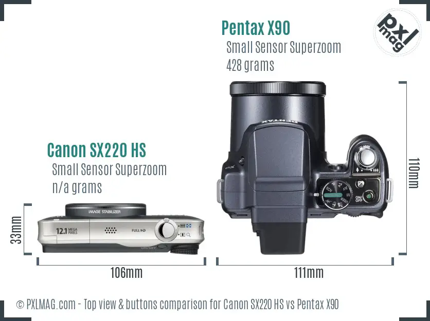 Canon SX220 HS vs Pentax X90 top view buttons comparison