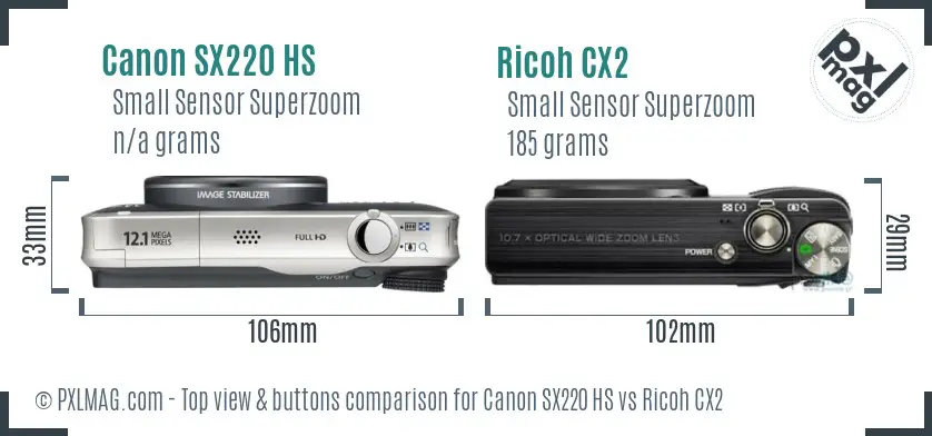Canon SX220 HS vs Ricoh CX2 top view buttons comparison Canon SX220 HS vs Ricoh CX2 top view buttons comparison