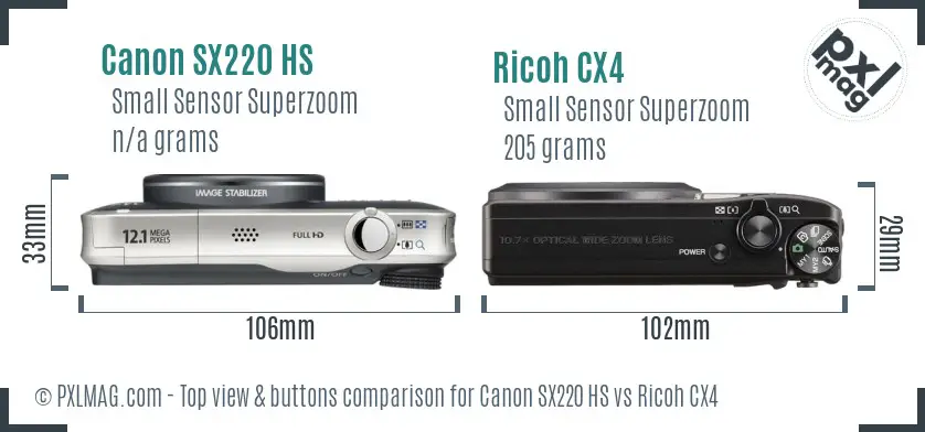 Canon SX220 HS vs Ricoh CX4 top view buttons comparison Canon SX220 HS vs Ricoh CX4 top view buttons comparison