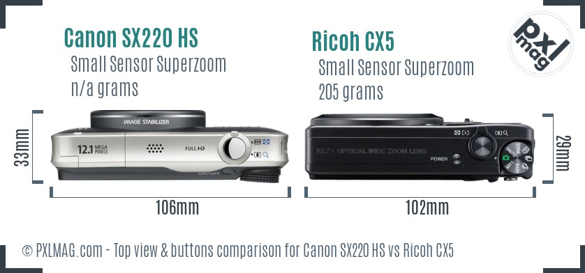 Canon SX220 HS vs Ricoh CX5 top view buttons comparison