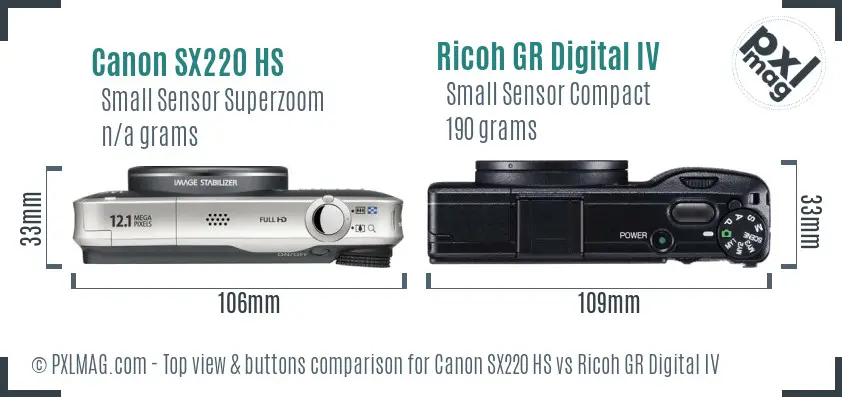 Canon SX220 HS vs Ricoh GR Digital IV top view buttons comparison