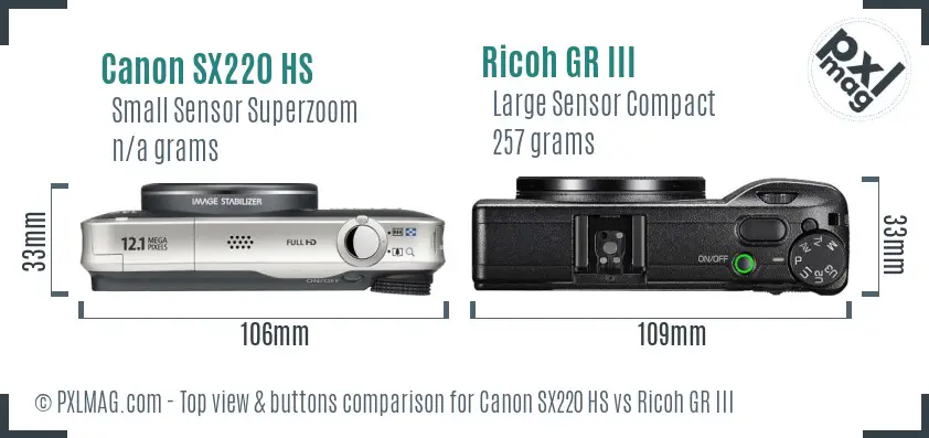 Canon SX220 HS vs Ricoh GR III top view buttons comparison
