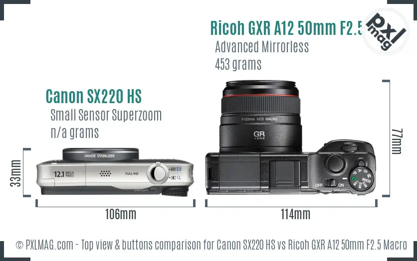 Canon SX220 HS vs Ricoh GXR A12 50mm F2.5 Macro top view buttons comparison