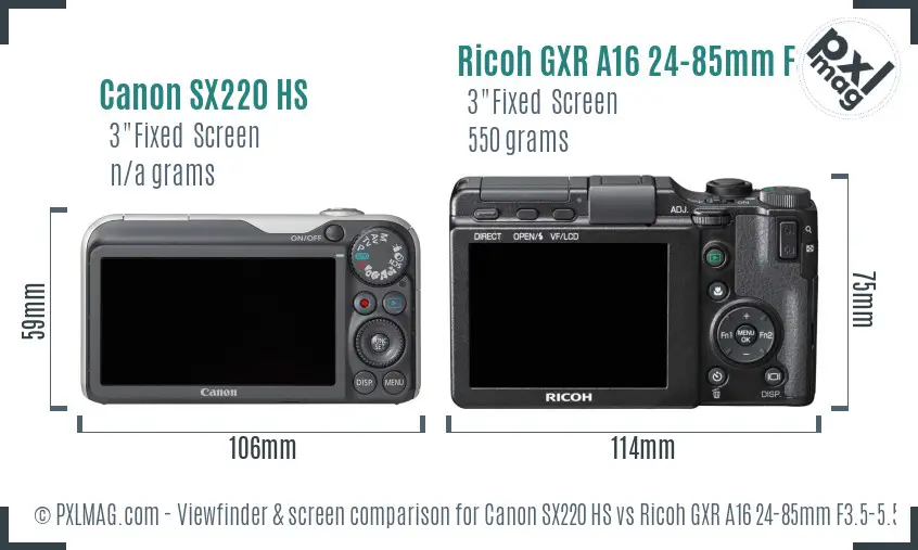Canon SX220 HS vs Ricoh GXR A16 24-85mm F3.5-5.5 Screen and Viewfinder comparison