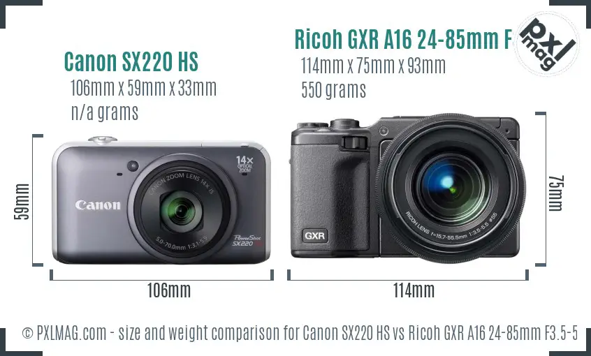 Canon SX220 HS vs Ricoh GXR A16 24-85mm F3.5-5.5 size comparison