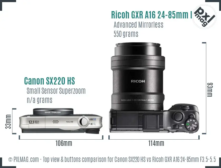 Canon SX220 HS vs Ricoh GXR A16 24-85mm F3.5-5.5 top view buttons comparison