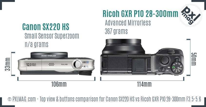 Canon SX220 HS vs Ricoh GXR P10 28-300mm F3.5-5.6 VC top view buttons comparison