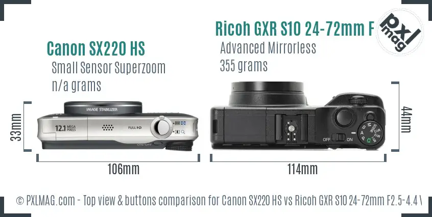 Canon SX220 HS vs Ricoh GXR S10 24-72mm F2.5-4.4 VC top view buttons comparison