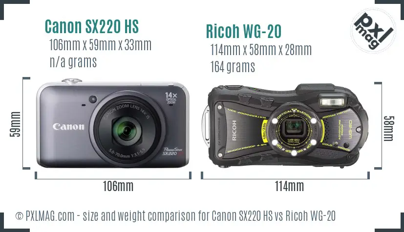 Canon SX220 HS vs Ricoh WG-20 size comparison