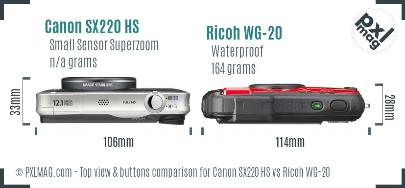 Canon SX220 HS vs Ricoh WG-20 top view buttons comparison
