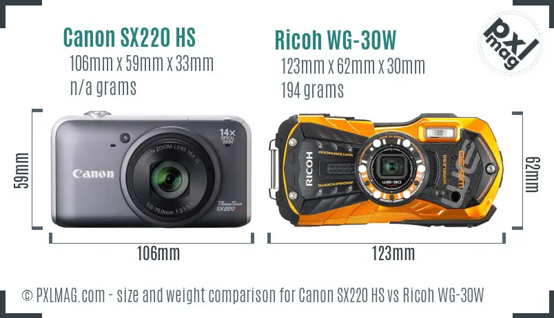 Canon SX220 HS vs Ricoh WG-30W size comparison