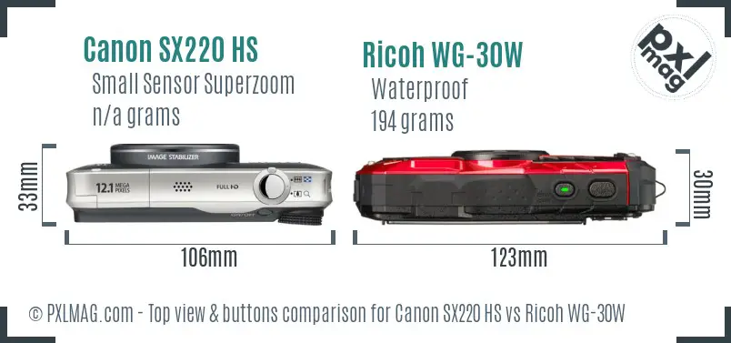 Canon SX220 HS vs Ricoh WG-30W top view buttons comparison