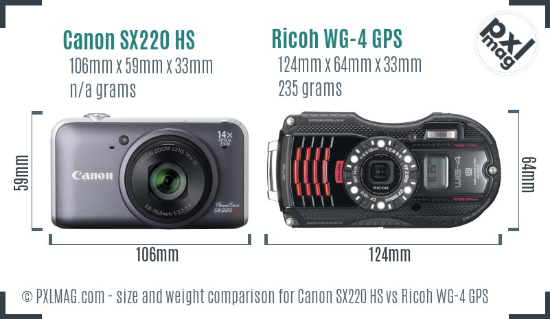 Canon SX220 HS vs Ricoh WG-4 GPS size comparison