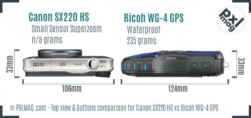 Canon SX220 HS vs Ricoh WG-4 GPS top view buttons comparison