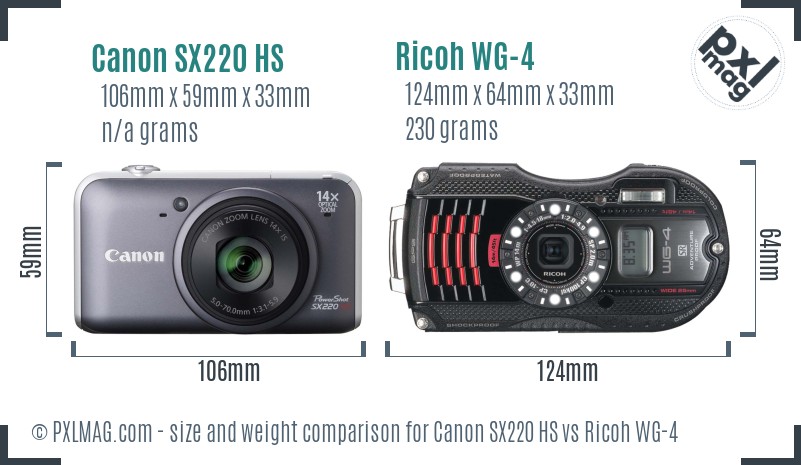 Canon SX220 HS vs Ricoh WG-4 size comparison