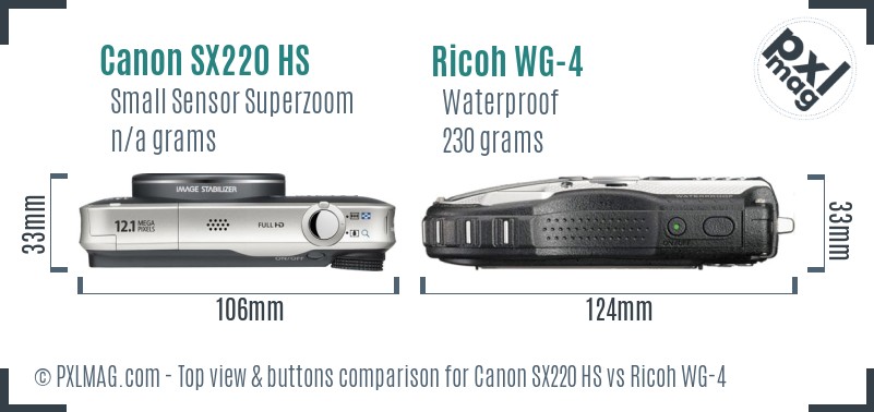 Canon SX220 HS vs Ricoh WG-4 top view buttons comparison