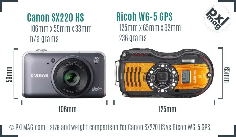 Canon SX220 HS vs Ricoh WG-5 GPS size comparison