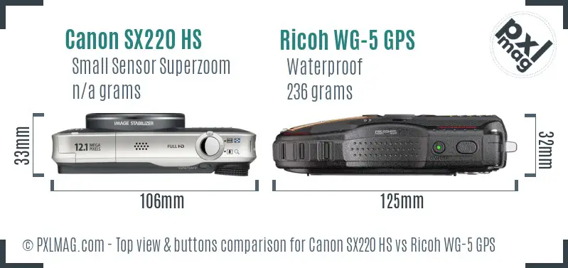 Canon SX220 HS vs Ricoh WG-5 GPS top view buttons comparison