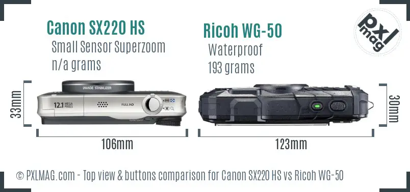 Canon SX220 HS vs Ricoh WG-50 top view buttons comparison