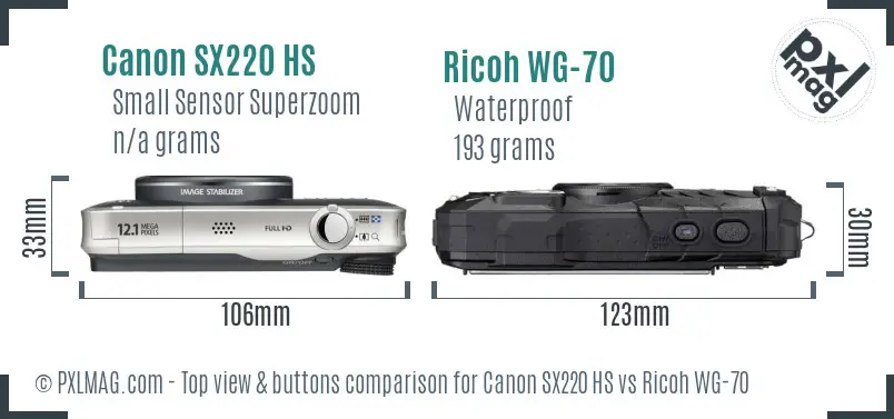 Canon SX220 HS vs Ricoh WG-70 top view buttons comparison