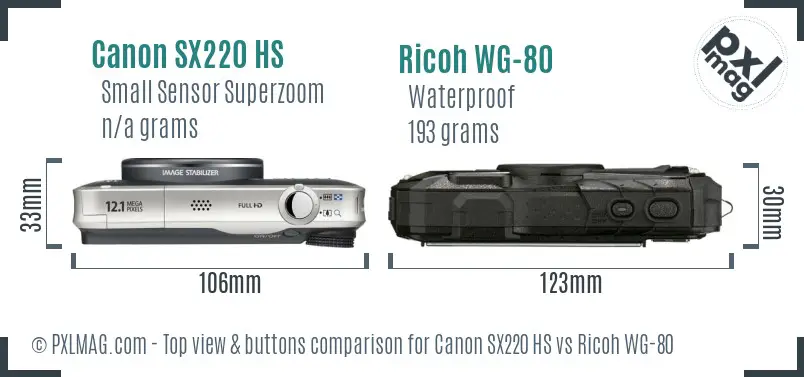 Canon SX220 HS vs Ricoh WG-80 top view buttons comparison Canon SX220 HS vs Ricoh WG-80 top view buttons comparison