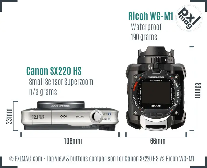 Canon SX220 HS vs Ricoh WG-M1 top view buttons comparison