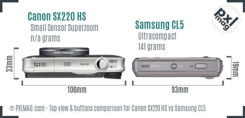 Canon SX220 HS vs Samsung CL5 top view buttons comparison
