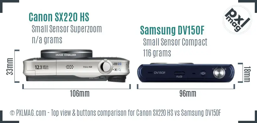 Canon SX220 HS vs Samsung DV150F top view buttons comparison