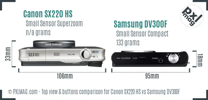 Canon SX220 HS vs Samsung DV300F top view buttons comparison