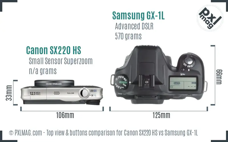 Canon SX220 HS vs Samsung GX-1L top view buttons comparison Canon SX220 HS vs Samsung GX-1L top view buttons comparison
