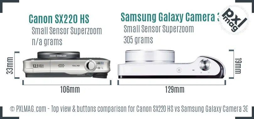 Canon SX220 HS vs Samsung Galaxy Camera 3G top view buttons comparison