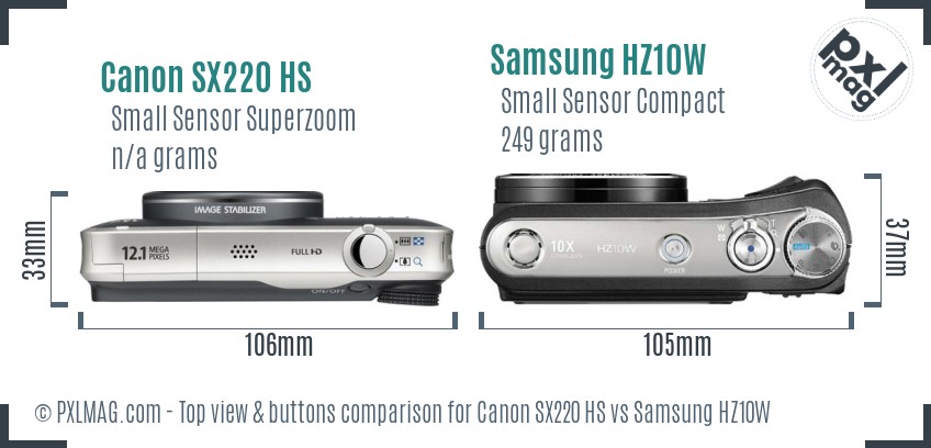 Canon SX220 HS vs Samsung HZ10W top view buttons comparison