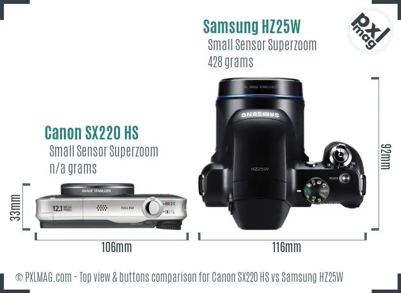 Canon SX220 HS vs Samsung HZ25W top view buttons comparison