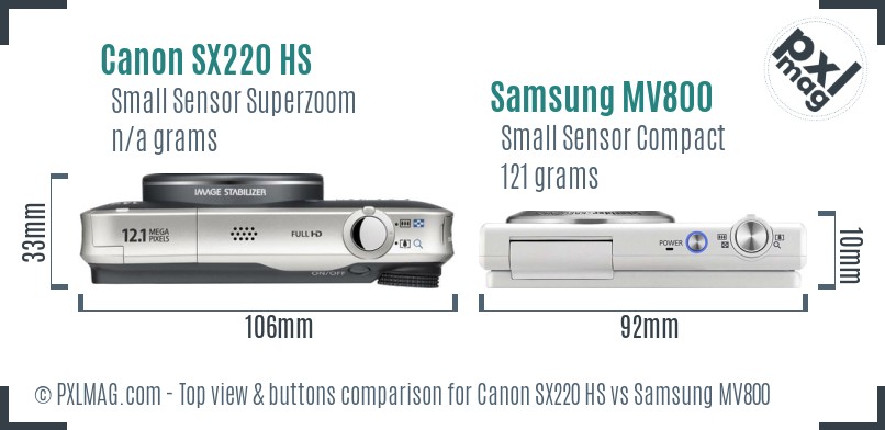 Canon SX220 HS vs Samsung MV800 top view buttons comparison