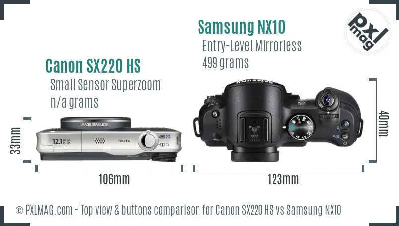 Canon SX220 HS vs Samsung NX10 top view buttons comparison