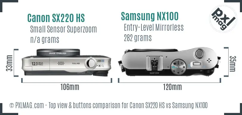 Canon SX220 HS vs Samsung NX100 top view buttons comparison