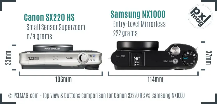 Canon SX220 HS vs Samsung NX1000 top view buttons comparison Canon SX220 HS vs Samsung NX1000 top view buttons comparison