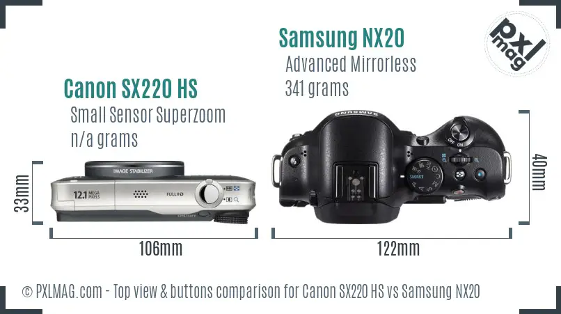 Canon SX220 HS vs Samsung NX20 top view buttons comparison