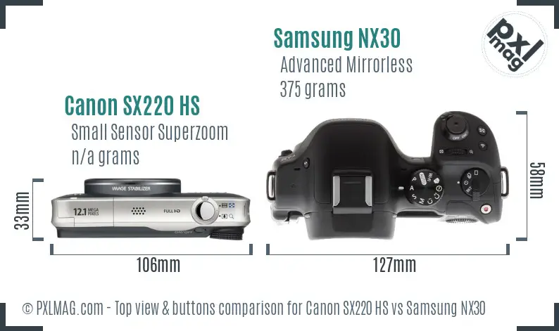 Canon SX220 HS vs Samsung NX30 top view buttons comparison