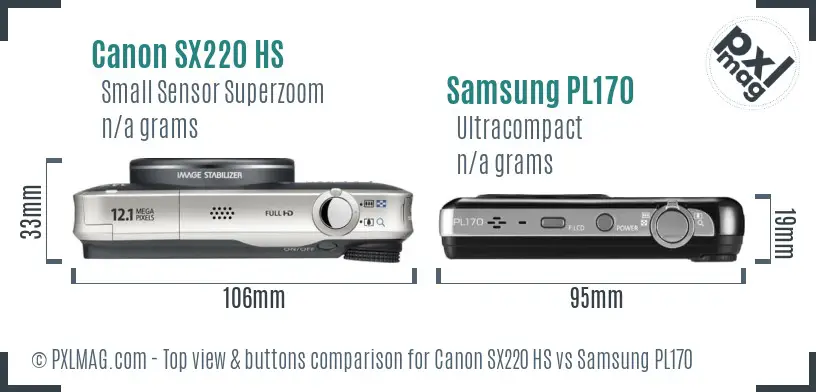 Canon SX220 HS vs Samsung PL170 top view buttons comparison Canon SX220 HS vs Samsung PL170 top view buttons comparison