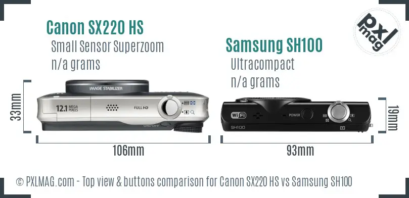 Canon SX220 HS vs Samsung SH100 top view buttons comparison