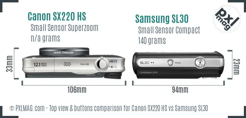 Canon SX220 HS vs Samsung SL30 top view buttons comparison