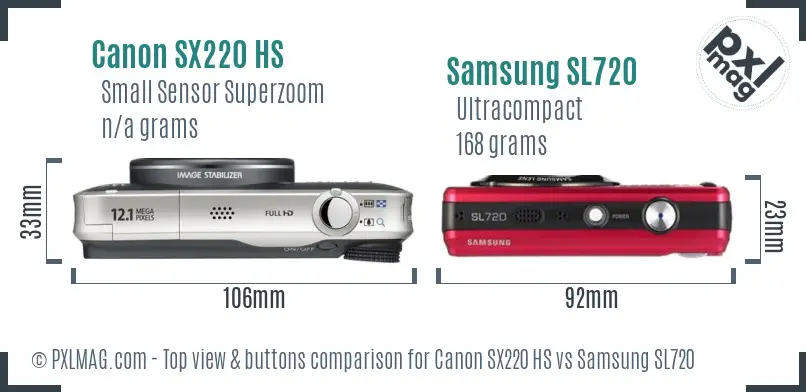 Canon SX220 HS vs Samsung SL720 top view buttons comparison