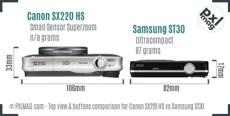 Canon SX220 HS vs Samsung ST30 top view buttons comparison