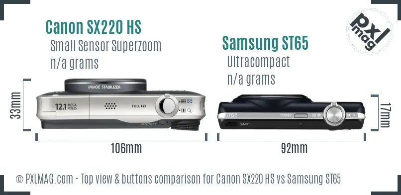 Canon SX220 HS vs Samsung ST65 top view buttons comparison Canon SX220 HS vs Samsung ST65 top view buttons comparison