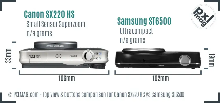 Canon SX220 HS vs Samsung ST6500 top view buttons comparison Canon SX220 HS vs Samsung ST6500 top view buttons comparison