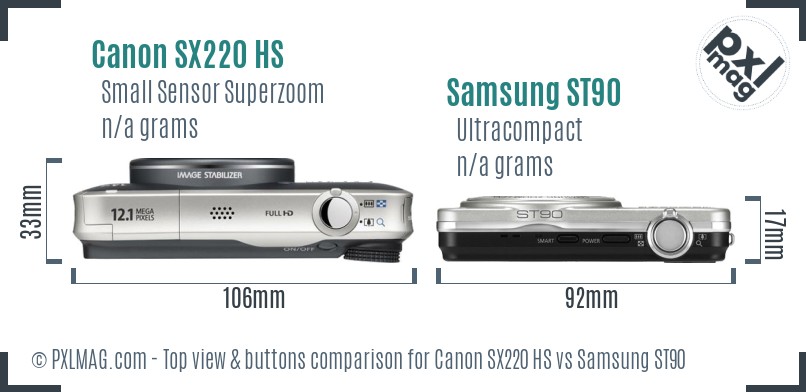 Canon SX220 HS vs Samsung ST90 top view buttons comparison