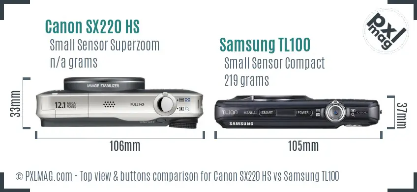 Canon SX220 HS vs Samsung TL100 top view buttons comparison