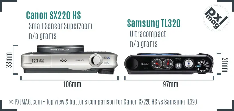 Canon SX220 HS vs Samsung TL320 top view buttons comparison Canon SX220 HS vs Samsung TL320 top view buttons comparison