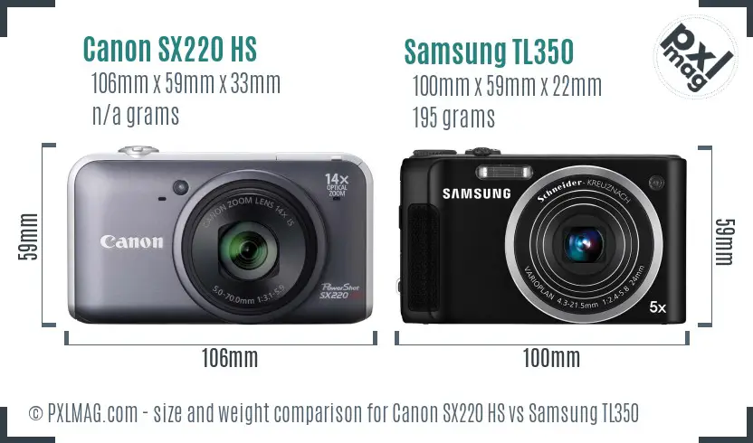 Canon SX220 HS vs Samsung TL350 size comparison